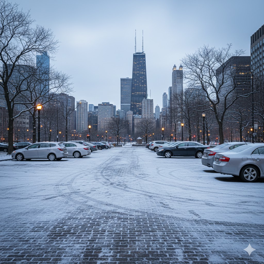 Chicago driveway and parking lot in early winter with light snow and salt residue